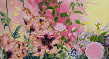 A painting of flowers in vibrant pink, green and blue colours