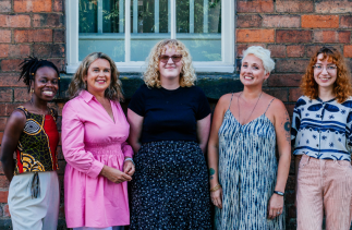 Banks Mill residency award winners standing from left to right: Sofia Yala Rodrigues, Sarah Blandford, Gemma Woolley, Amy Vallance and Charlie Collins