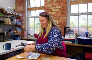 Diane Daley working in her studio at Banks Mill