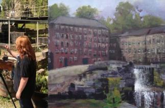 Picture of Ruth Gray painting Cromford Mills and the final art